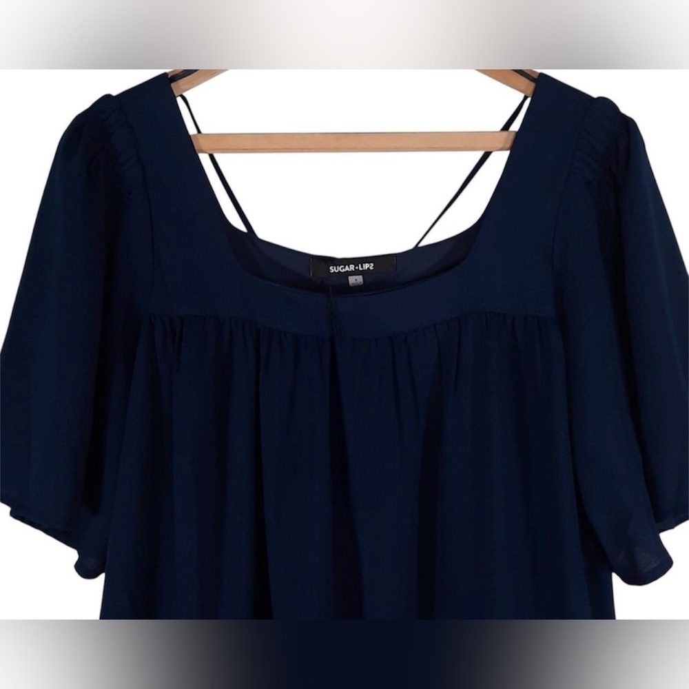SugarLips Navy Tiered Babydoll Dress Square Neck Short Sleeve Small Mini Dress - Picture 3 of 8